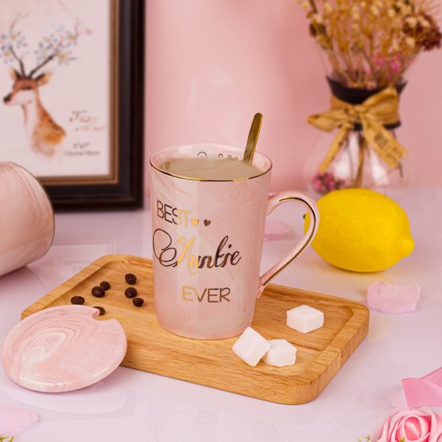 Doublewhale Aunt Gifts from Niece, Nephew - Best Aunt Ever Gift Mug - Happy Christmas Birthday Mothers Day Gifts for Auntie - Marble Ceramic Auntie Coffee Mug Gifts Box Printed Gold 14 Oz Pink