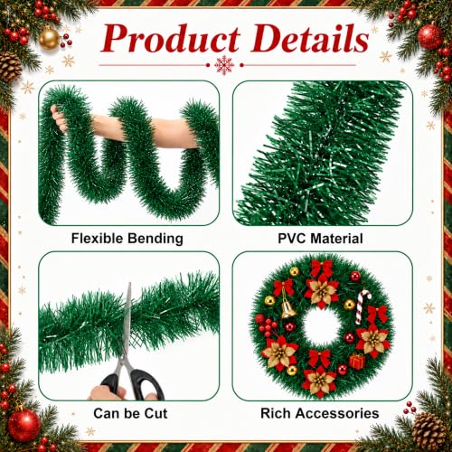 Wehhbtye Green Christmas Garland 300ft with Red & Gold Ornaments, Holiday Decor