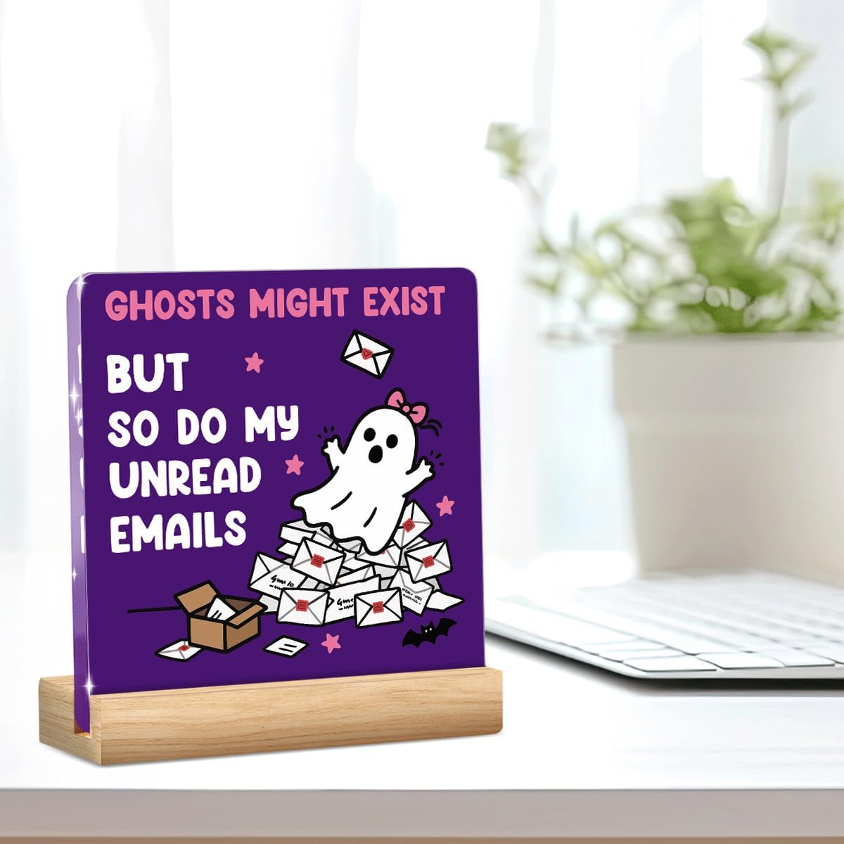 Skiennix Halloween Office Decor - Funny Acrylic Ghost Emails Sign | Cute 4x4 Inches Desk Decoration for Work