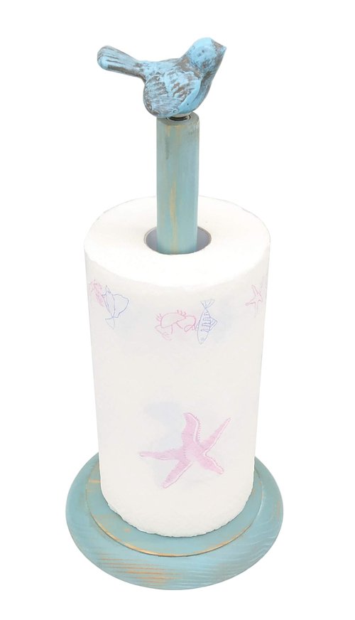 Bird Design Wood Paper Towel Holder Stand Up Paper Towel Holder, Easy One-Handed Tear Kitchen Paper Towel Dispenser with Weighted Base for Standard Paper Towel Rolls - Turquoise