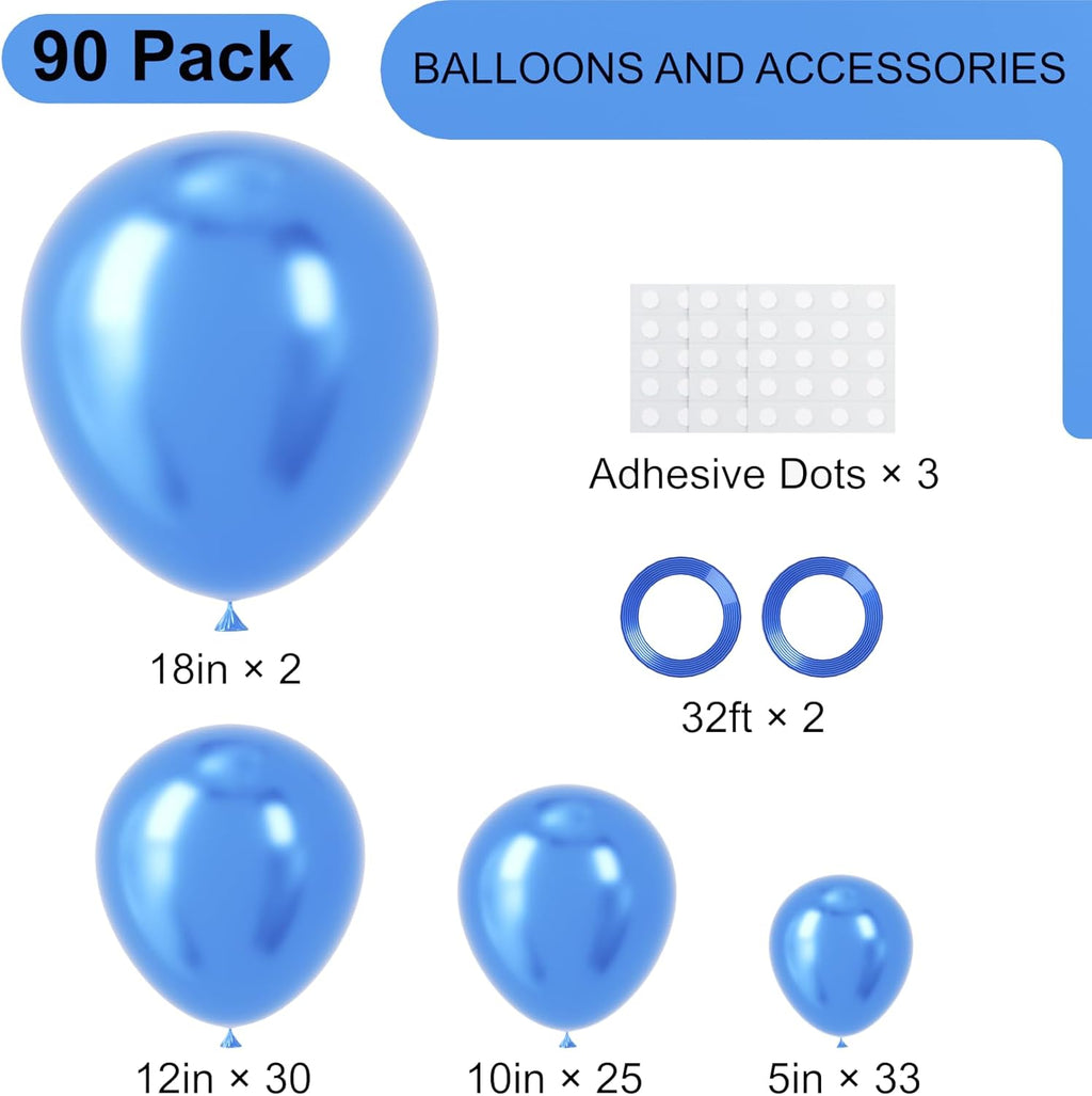 Voircoloria Metallic Blue Balloon Garland Kit - 90 Pack in 5/10/12/18 Inch Sizes for Graduation, Weddings & Parties