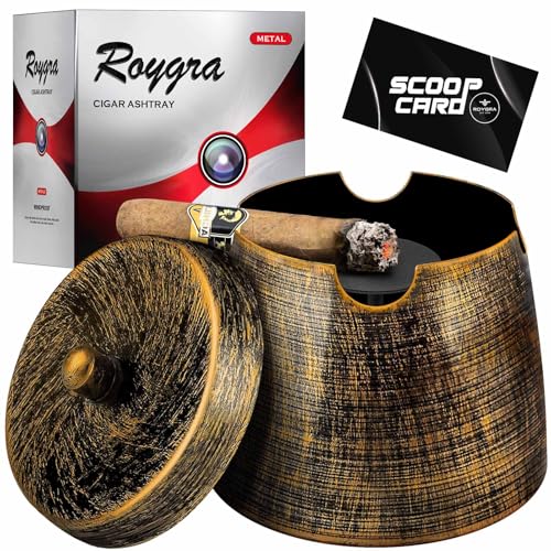Windproof Metal Cigar Ashtray with Lid - Large Outdoor Smokeless Ash Tray