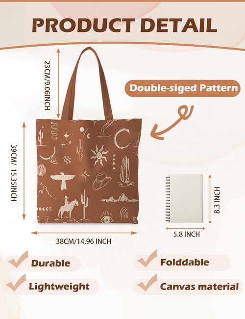 ignytiger Brown Western Tote Bag, Cowgirl Canvas Tote Bag for Women, Western Gifts For Woman, Cowgirl Gifts Stuff，Brown Tote Bags For Women Reusable Grocery Bags Shopping Bags