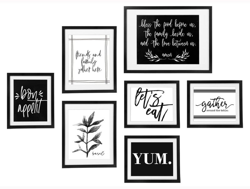 ArtbyHannah Gallery Wall Frame Set, 7 Piece Black Picture Frame Set for Kitchen Dining Room Wall Decor with Inspirational Quotes, Multi Size Gather Sign Prints Pictures Collage