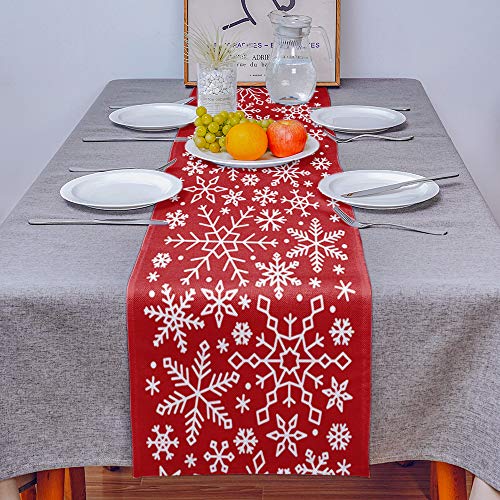 Christmas Snowflake Burlap Table Runner 13x120in - Red Holiday Home Decor