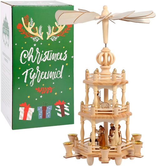 Christmas Pyramids | 18-Inch Wooden Carousel with 6 Candle Holders & Nativity Scene - 3 Tiers