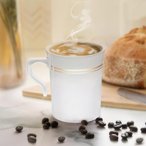 " OCCASIONS " 40 Mugs Pack, Heavyweight Disposable Wedding Party Plastic 8 oz Coffee Mugs/Tea Cups/Cappuccino Cups/Espresso Cup with Handles (8 oz Coffee, White & Gold Rim)
