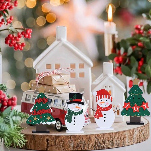 DECSPAS Christmas Decorations - 4 PCS Wooden Christmas Trees & Snowmen for Festive Table Centerpieces