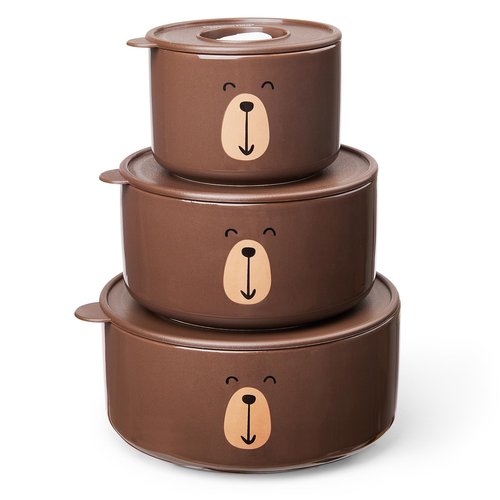 Thousandaynight Ceramic Bowls with Lids, 4, 5, 6 Inch Food Storage Container Bowl, Microwave & Dishwasher Safe, For Soup, Salad, Rice, Cereal, Breakfast, Dinner, Serving, Oatmeal (Bear)