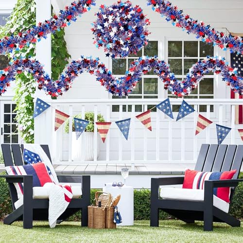 50ft 4th of July Patriotic Star Garland - Red White Blue Metallic Tinsel