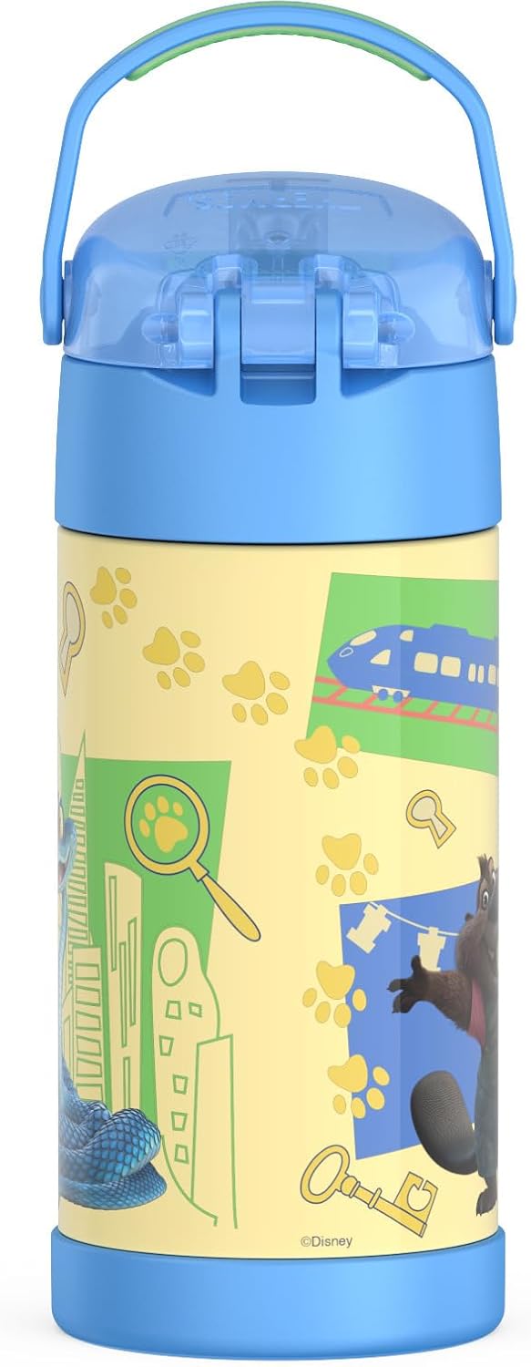 THERMOS FUNTAINER Water Bottle - 12 Ounce Kids Stainless Steel Vacuum Insulated with Straw | Zootopia 2 Design