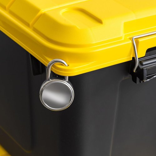 IRIS USA WeatherPro 21 Gallon Lockable Storage Bins - Heavy Duty, Stackable Utility Boxes, 4 Pack - Black/Yellow