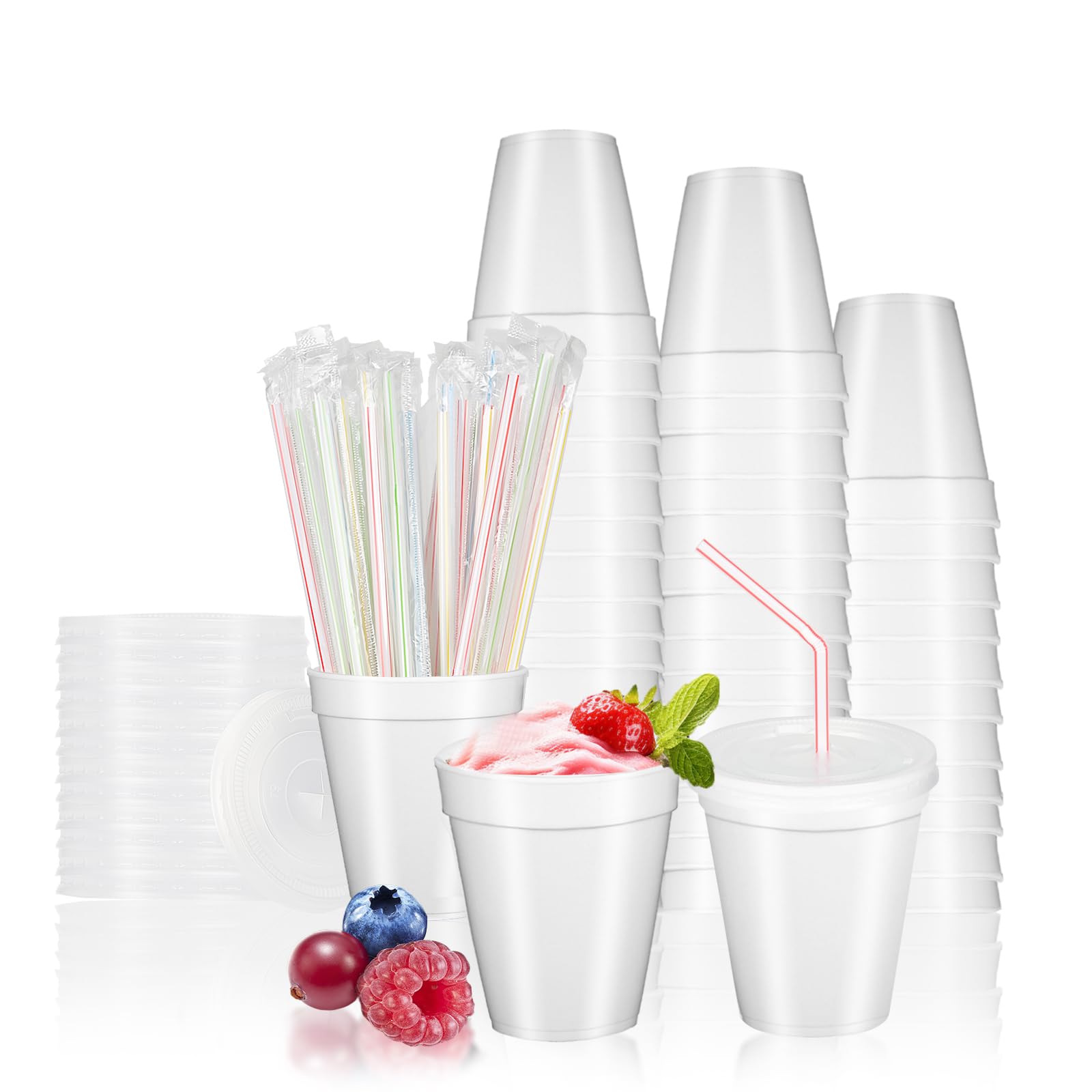RIKICACA 8 Oz Styrofoam Cups with Lids and Drinking Straws, Disposable White Foam Cups for Hot Cold Drink Beverage, To Go Drinking Container for Coffee, Tea, Juice - 50Sets/150pcs