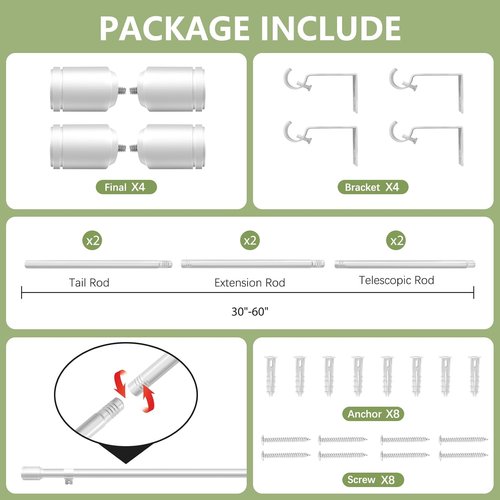 Adjustable Silver Curtain Rods by [Brand Name] | 30-60 Inch for 30-54 Inch Windows | 2 Pack
