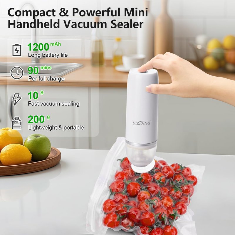 DHSDING Handheld Vacuum Sealer for Food – Portable Mini Food Saver with 10 Reusable BPA-Free Bags – Compact Vacuum Sealer Machine for Sous Vide, Meal Prep & Food Storage