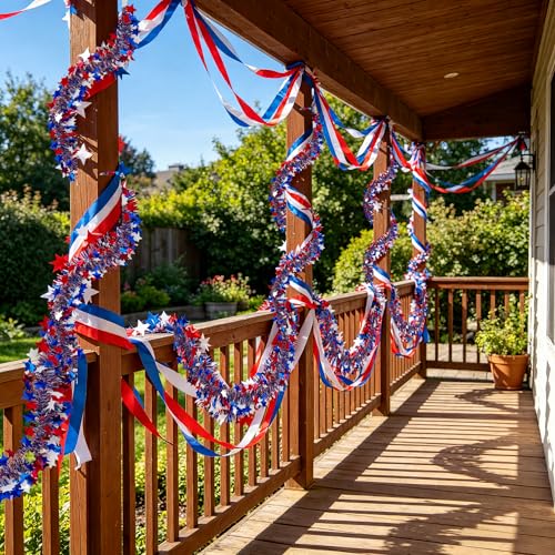 Patriotic 4th of July Tinsel Garland - 50ft Red White & Blue Metallic Decor