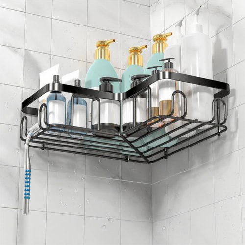 Moforoco Corner Shower Caddy | Self-Adhesive Black Organizer Shelf for Bathroom Storage & Decor