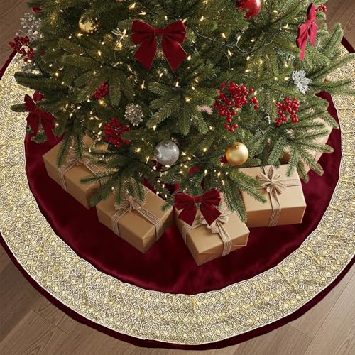 CYAOOI 60 Inch Red Velvet Christmas Tree Skirt with Gold Glitter Trim for 7.5-9 ft Trees