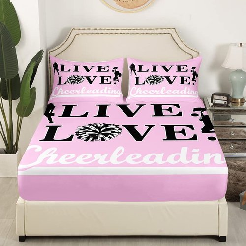 Cheer Fitted Sheet Queen Girls Cheerleading Bed Sheet Set for Kids Teens Adults Cheerleader Deep Pocket Sheet Pink Cheer Sports Room Decor Bed Cover 3Pcs with 2 Pillow Case