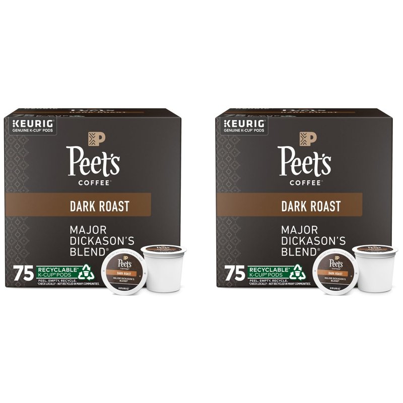 Peet's Coffee, Dark Roast Keurig K-Cup Pods, 100% Arabica Coffee - Major Dickason's Blend 75 Count (1 Box of 75 Pods) (Pack of 2)