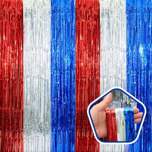Red White & Blue Foil Fringe Curtains (3 Pack) - Patriotic Party Backdrop