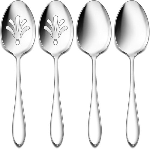 E-far 4-Piece Serving Set | Stainless Steel Buffet Utensils - 2 Spoons & 2 Slotted Spoons, 8.5-Inch, Dishwasher Safe