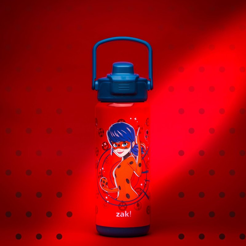 Zak Designs Beacon Insulated Bottle, Miraculous Ladybug 20oz Durable Stainless Steel Double Wall Vacuum Insulation, Silicone Spout & Push-Button, Leak Proof Lid Dishwasher Safe