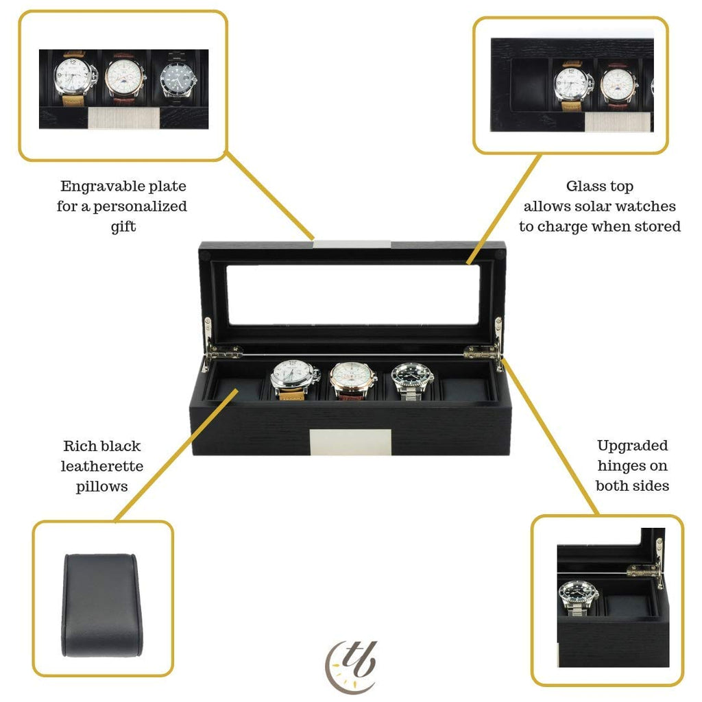 TIMELYBUYS 5 Ebony Wood Watch Box Display Case Storage Jewelry Organizer with Glass Top, Stainless Steel Accents, and Oversized Black Pillows