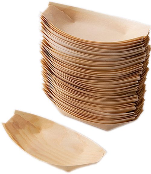 Sanxian Disposable Wood Boat Plates/Dishes (100, 5''Long x 2.4''Widex0.5''High)