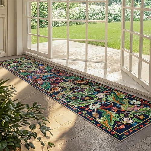 2x10 Botanical Runner Rug, Non-Slip Washable Boho Floral Hallway Carpet