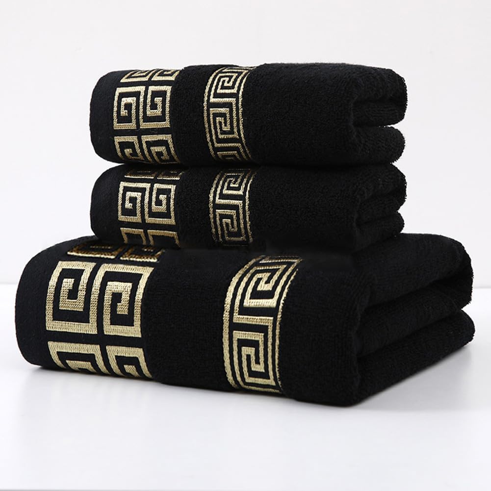 Skiennix Embroidered Bath Towel Set - 100% Cotton, Super Soft & Highly Absorbent | 3-Piece Set in Black