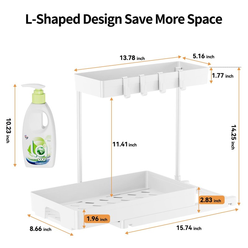 Delamu 2 Pack Under Sink Organizers and Storage, 2 Tier Pull Out Bathroom Cabinet Organizer, L-Shape White Under Bathroom Kitchen Sink Organizer with Drawer for Under Sink Storage Organizer