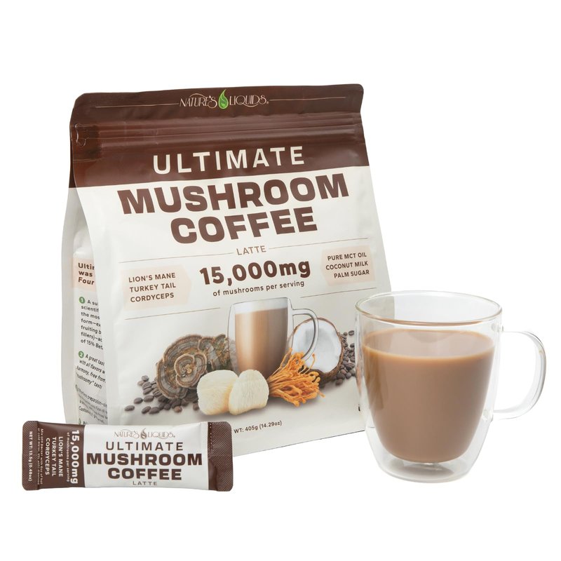 Nature's Liquids Ultimate Mushroom Coffee Latte - 15,000 mg Organic Fruiting-Body Mushrooms per Serving - Lion's Mane, Turkey Tail, Cordyceps - Focus & Immune Support - 30 Stick Packs