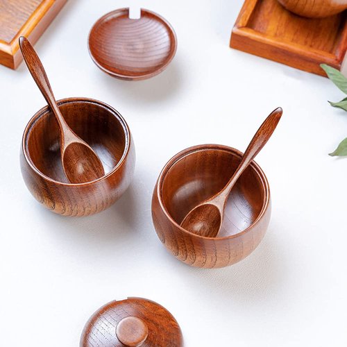 YMYL 2 Pcs Wood Condiment Pot Spice Jars, Natural Wooden Sugar Bowl Pepper Seasoning Container Condiment Pot with Lid, Spoon and Tray for Herbs Salt Pepper Spices