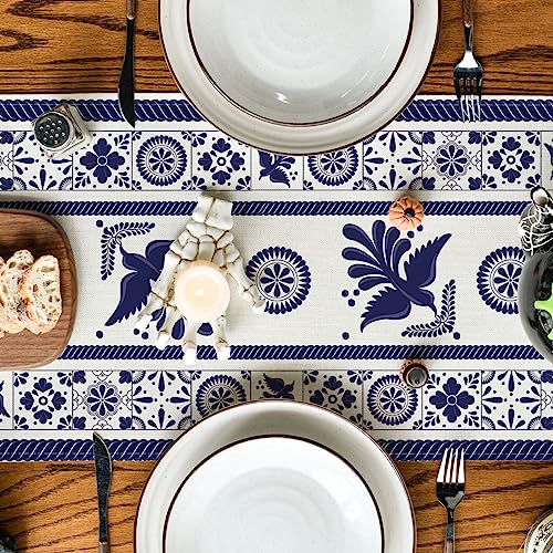 Artoid Mode 13 x 72 inch Floral Bird Table Runner Blue Patchwork Tiles