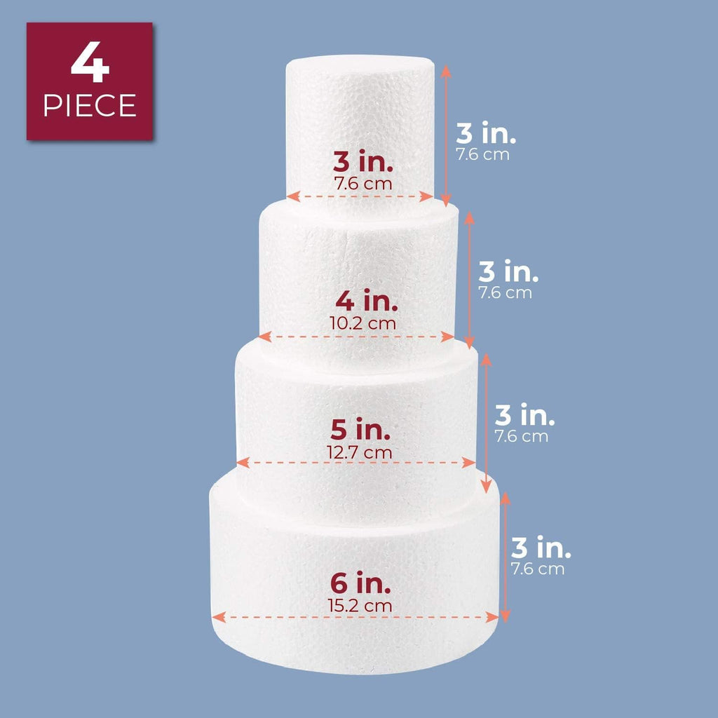 Juvale Round Foam Cake Dummy - 3", 4", 5" & 6" Dia x 3" H White 4-Pack - Cake Decorating Foam & Faux Wedding Props
