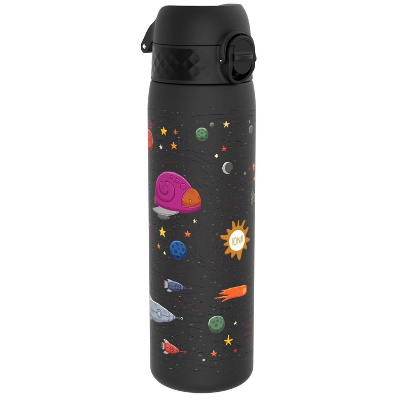 Ion8 Water Bottle, 500 ml/18 oz, Leak Proof, Easy to Open, Secure Lock, Dishwasher Safe, BPA Free, Hygienic Flip Cover, Carry Handle, Easy Clean, Odor Free, Carbon Neutral, Black, Spaceships Design