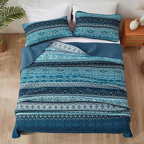 Boho King Quilt Bedding Set - 3 Piece Soft Bedspread, Blue