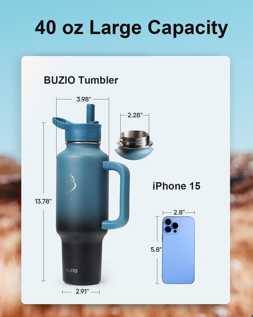 BUZIO Stainless Steel Water Bottle Fits in Cup Holder with Straw Spout Lid, 40 oz Insulated Tumbler with Handle, Double Wall Travel Mug Keep Cold 48hrs Hot 24hrs, Caribbean Blue