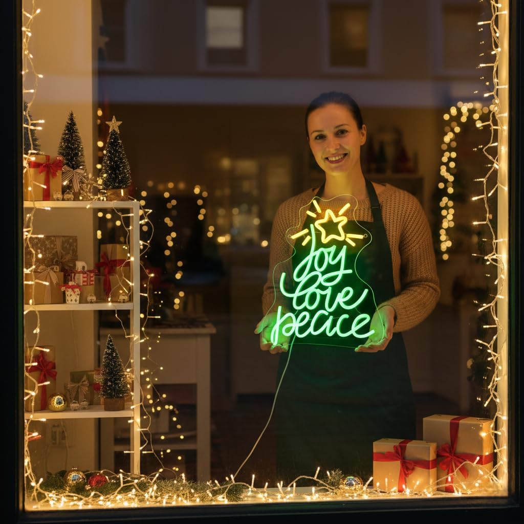 Neon Christmas Tree Sign by [Brand Name] - USB Powered LED Holiday Decor for Wall | Peace, Love, Joy Design