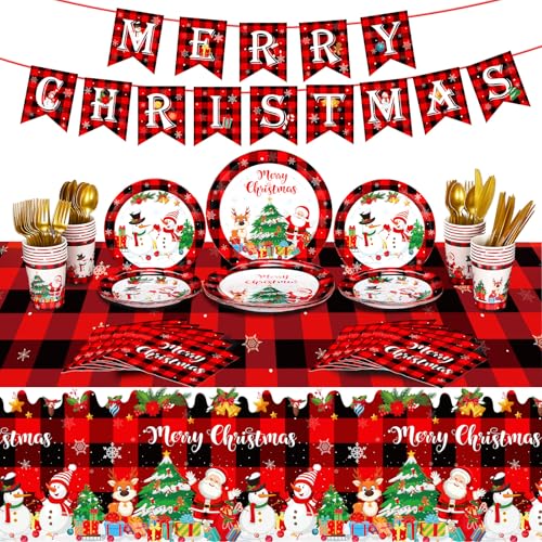 Buffalo Christmas Party Supplies 173-Piece Disposable Dinnerware Kit Serves 24