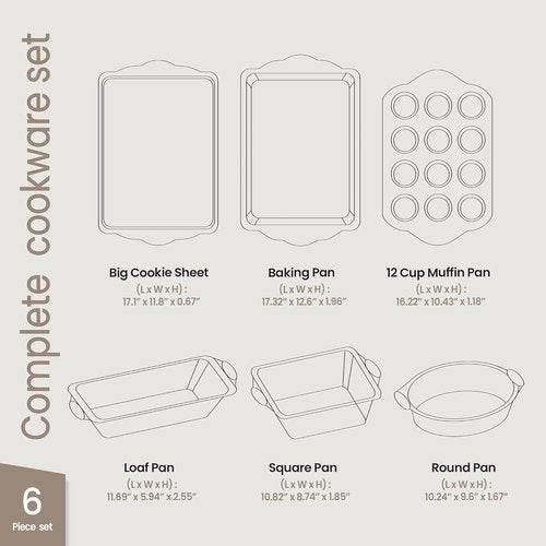 BAKKENMASTER 6-Piece Nonstick Baking Pan Set - Professional Carbon Steel Bakeware with Marble Coating & Silicone Handles
