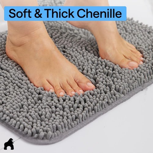 GORILLA GRIP Plush Chenille Bath Rug Mat - Soft Microfiber for Oval Toilet Base, Grey, Machine Washable