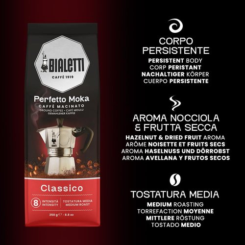 Bialetti - Perfetto Moka Classico: Medium roast ground coffee, hazelnut and dried fruit aroma, 250g x 6, bag with aroma valve