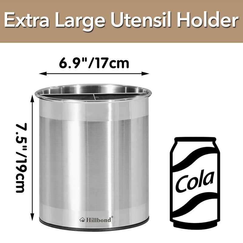Hillbond 7.5x6.9 Inch EXTRA LARGE Utensil Holder for Countertop, Stainless Steel Rotating Organizer with Removable Divider, Space-Saving for Large Kitchen Utensils Set & Spacious Kitchens