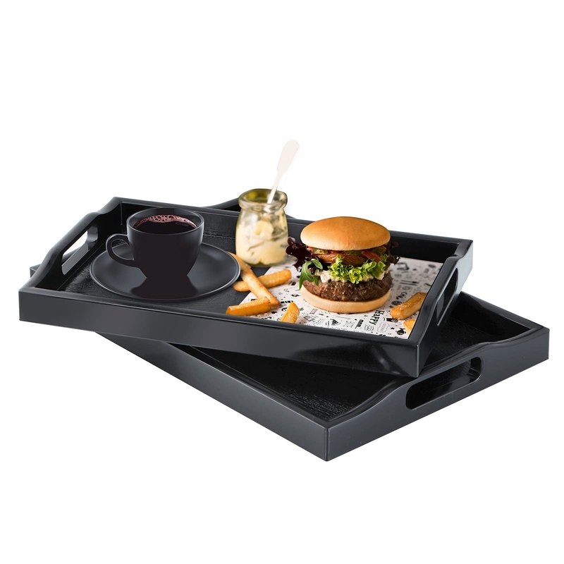 MDLUU Set of 2 Plastic Serving Tray, Ottoman Tray with Cutout Handles, Rectangle Butler Tray for Breakfast in Bed, Coffee Table, Kitchen Countertop (Black)