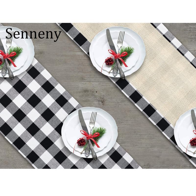 Senneny 14 x 108 Inch Reversible Black and White Buffalo Plaid Christmas Table Runner