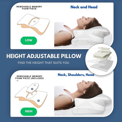 Bamboo Rayon Cervical Neck Pillow for Neck Pain Relief - Memory Foam Ergonomic Pillow for Sleeping, Adjustable Orthopedic Contour Neck & Shoulder Support Cooling Pillow - Back and Side Sleepers