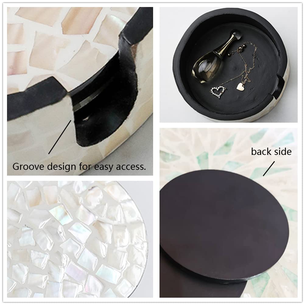 I-lan 6 Pack Mother of Pearl Coasters with Holder, 4.3 x 4.3 x 0.25 Inch Shiny Cream Seashell Inlay Round Cup Holder, Decorative Coasters Capiz Shell Trivet for Coffee Table