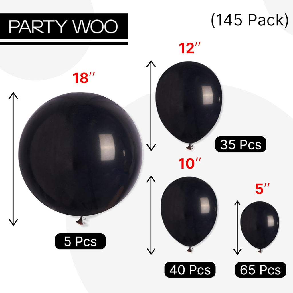 PartyWoo Black Balloons - 145-Piece Arch Kit with Various Sizes for Baby Showers, Birthdays & Anniversaries